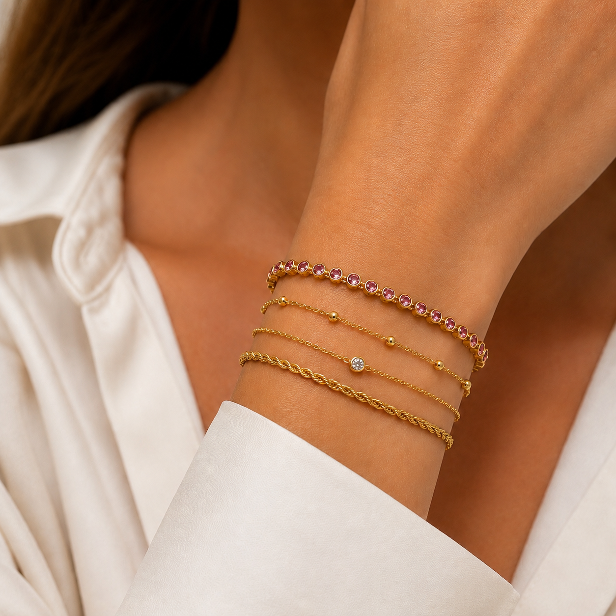 Pink and Gold Eternity Bracelet - 18cm + ext