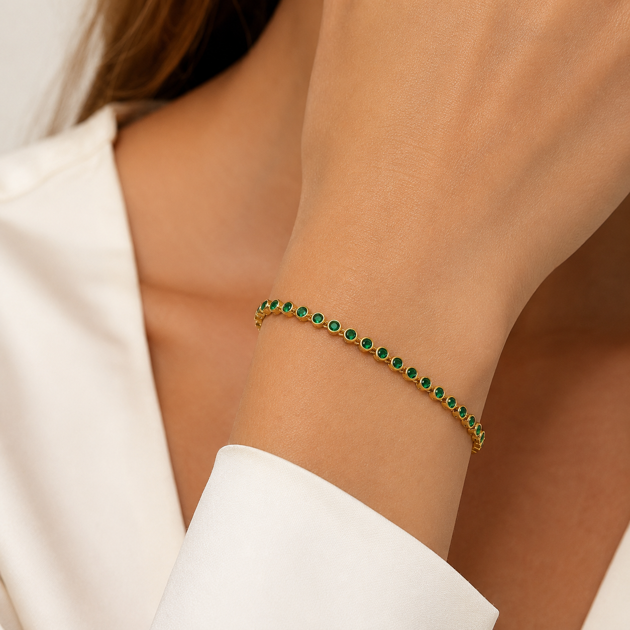 Emerald Green and Gold Tennis Bracelet - 18cm