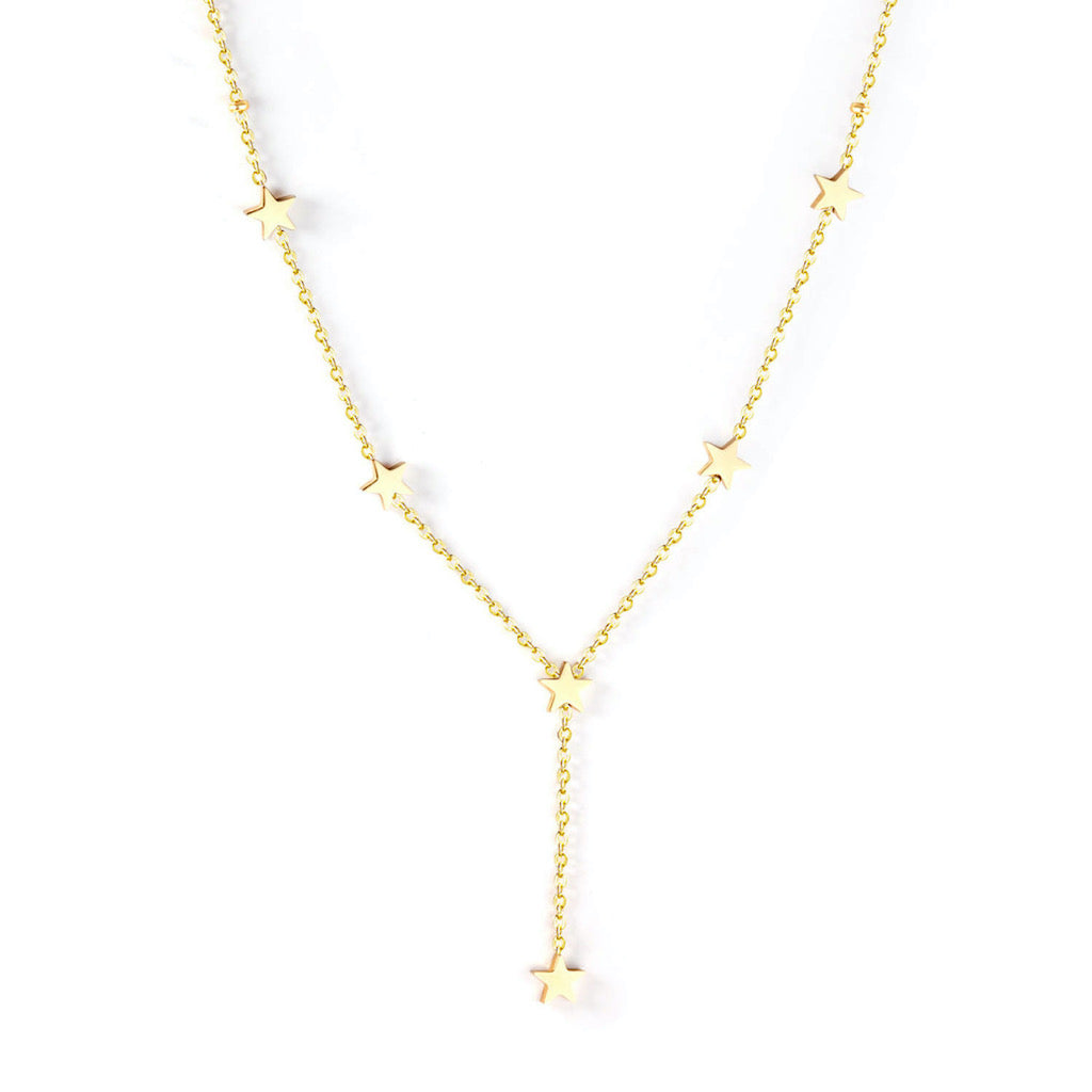 gold lariat necklace with gold star charms