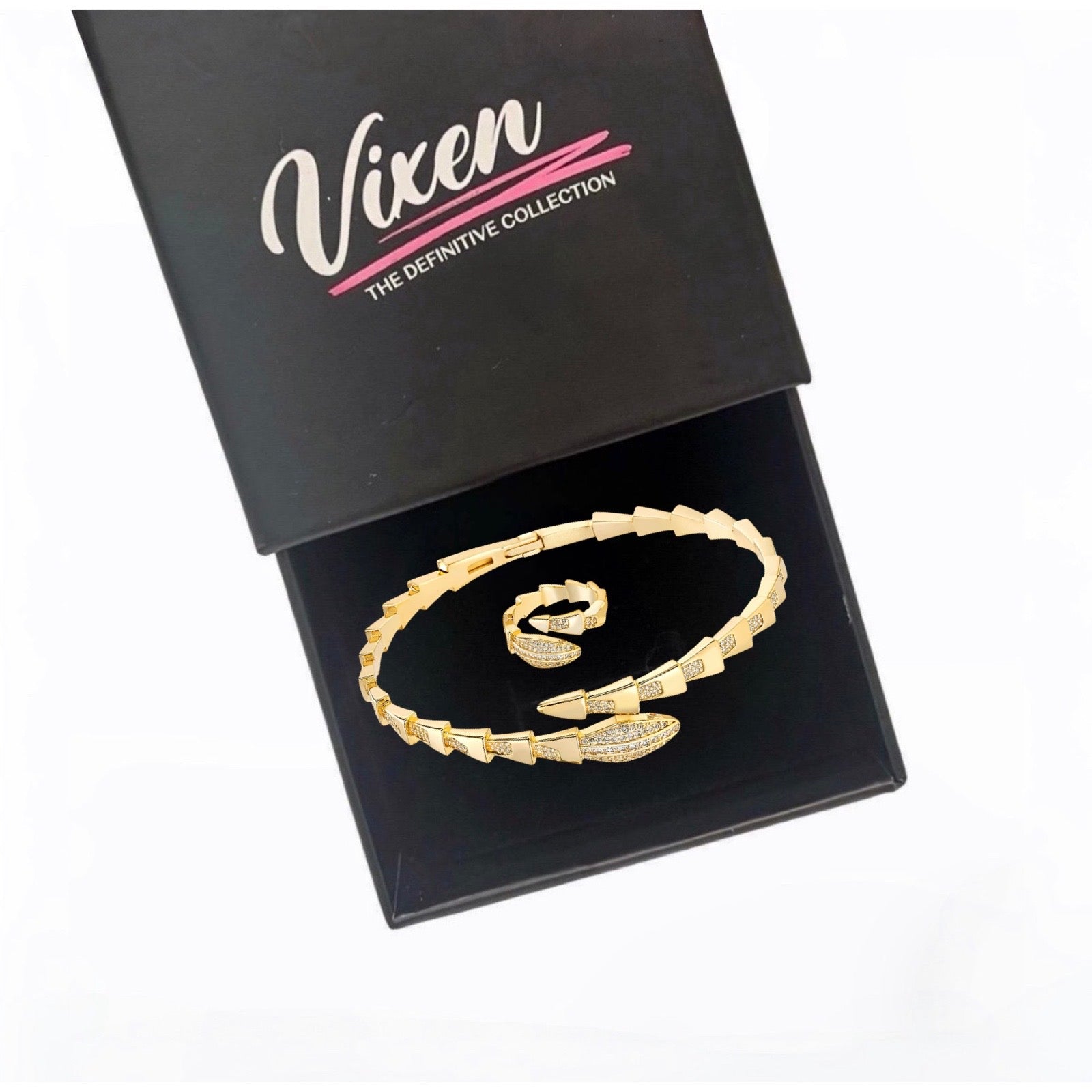 Statement Snake Bracelet and Ring Set - Gold