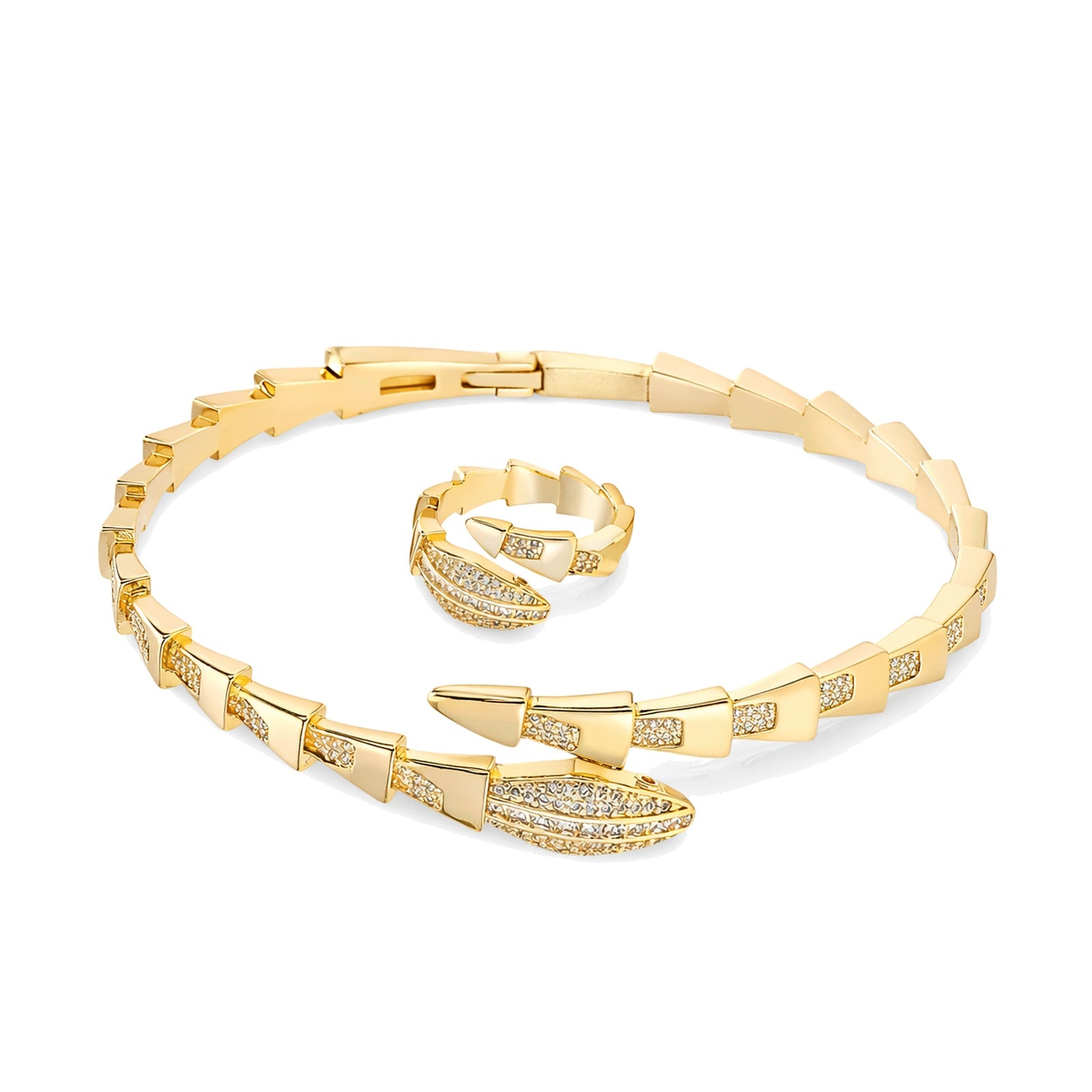 Statement Snake Bracelet and Ring Set - Gold