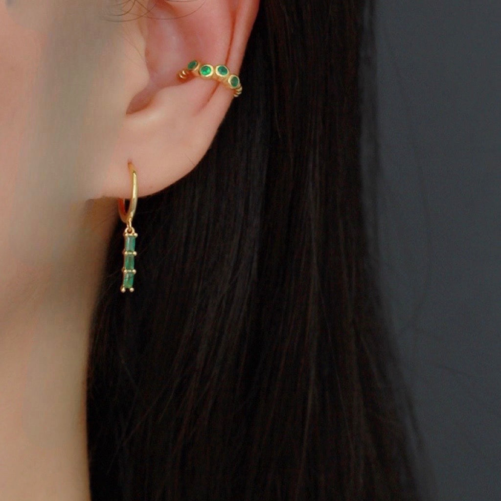 huggie earrings with emerald green  and gold drop bar earrings