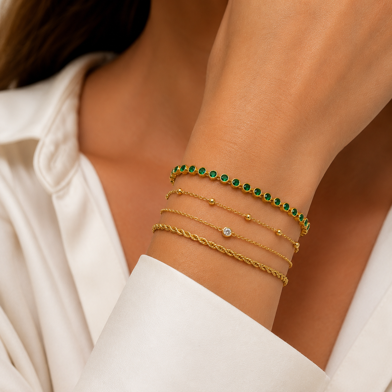 Emerald Green and Gold Tennis Bracelet - 18cm