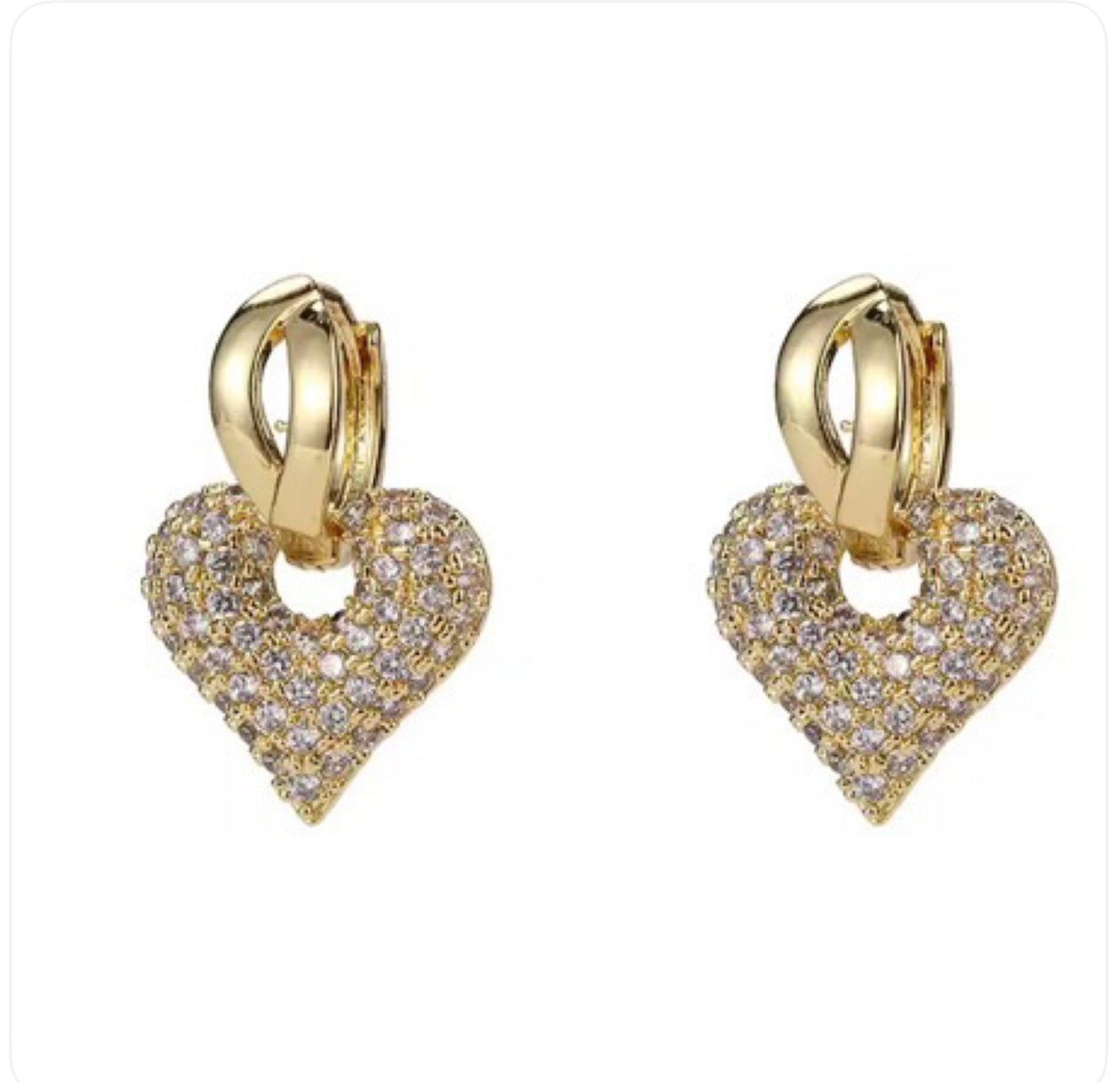 heart huggies in gold with cubic zirconia heart charms 