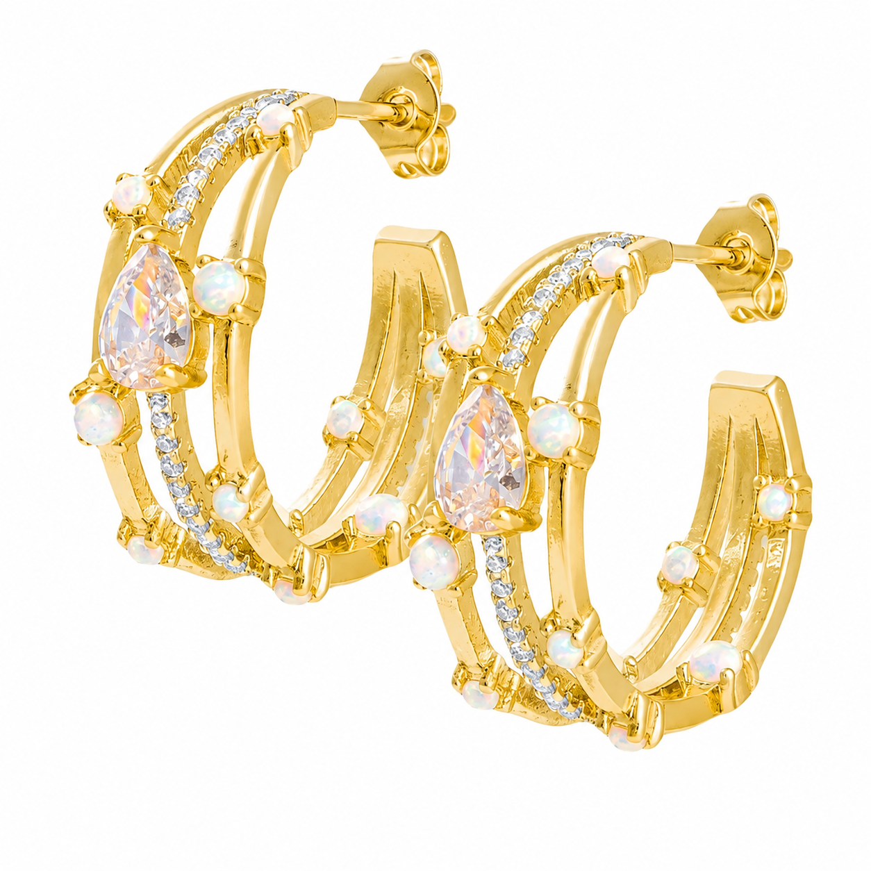 Triple Hoop White Opal & Diamond Stud Earrings – 25mm