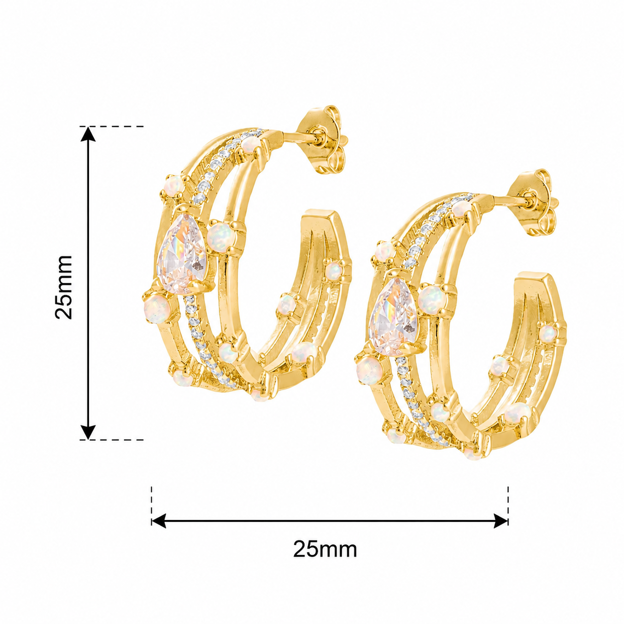 Triple Hoop White Opal & Diamond Stud Earrings – 25mm