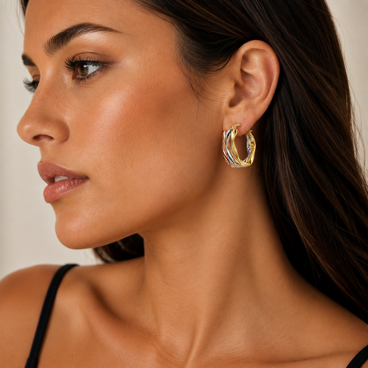 9ct Three Tone Gold Hoop Earrings