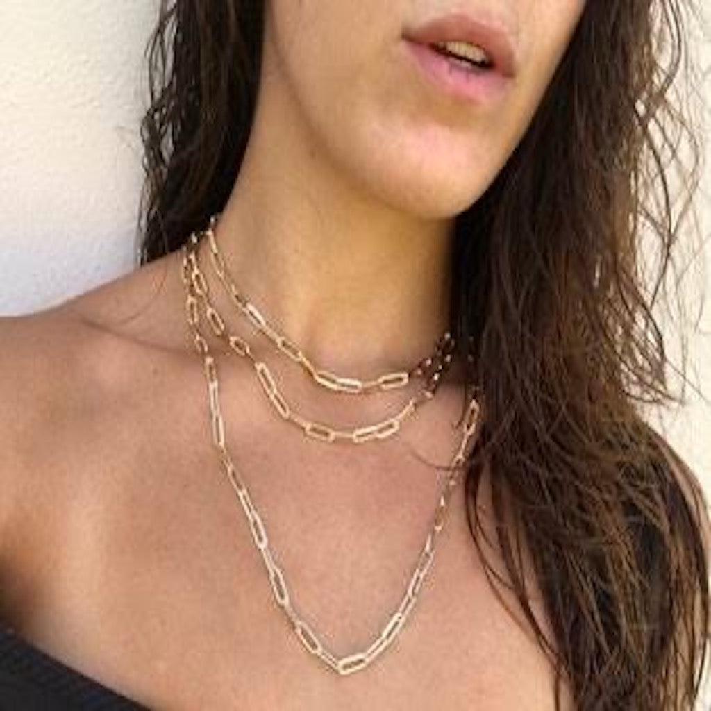 paperclip necklaces in layers on model