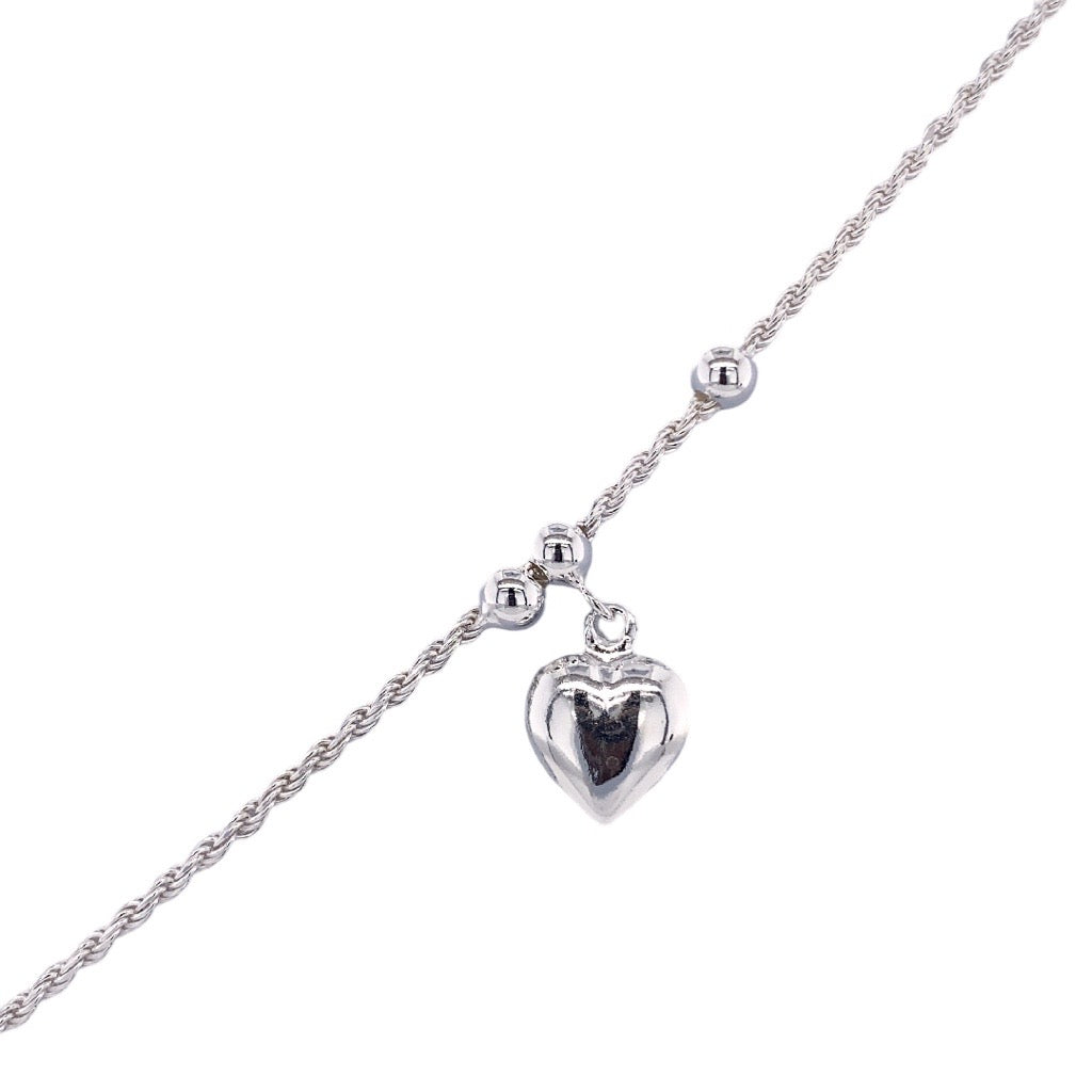 sterling silver rope ankle chain with heart charm