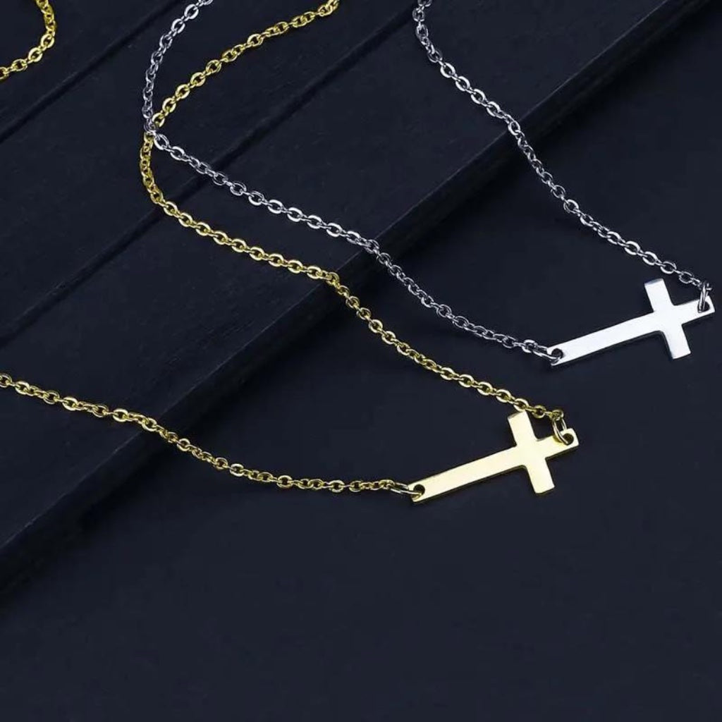 side cross necklace in gold or silver