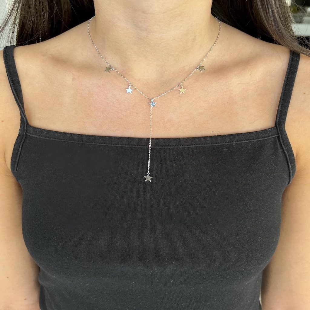 silver lariate necklace with star charms 2