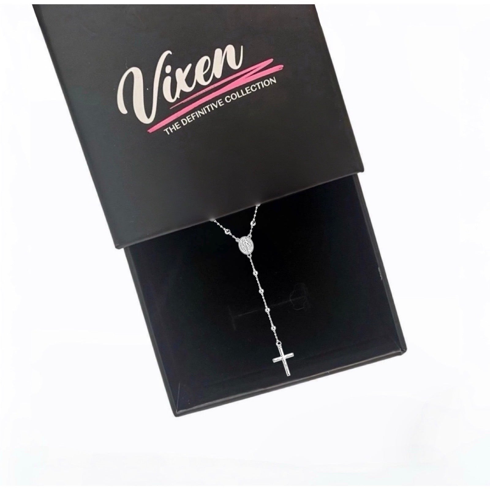 Silver Beaded Rosary Necklace
