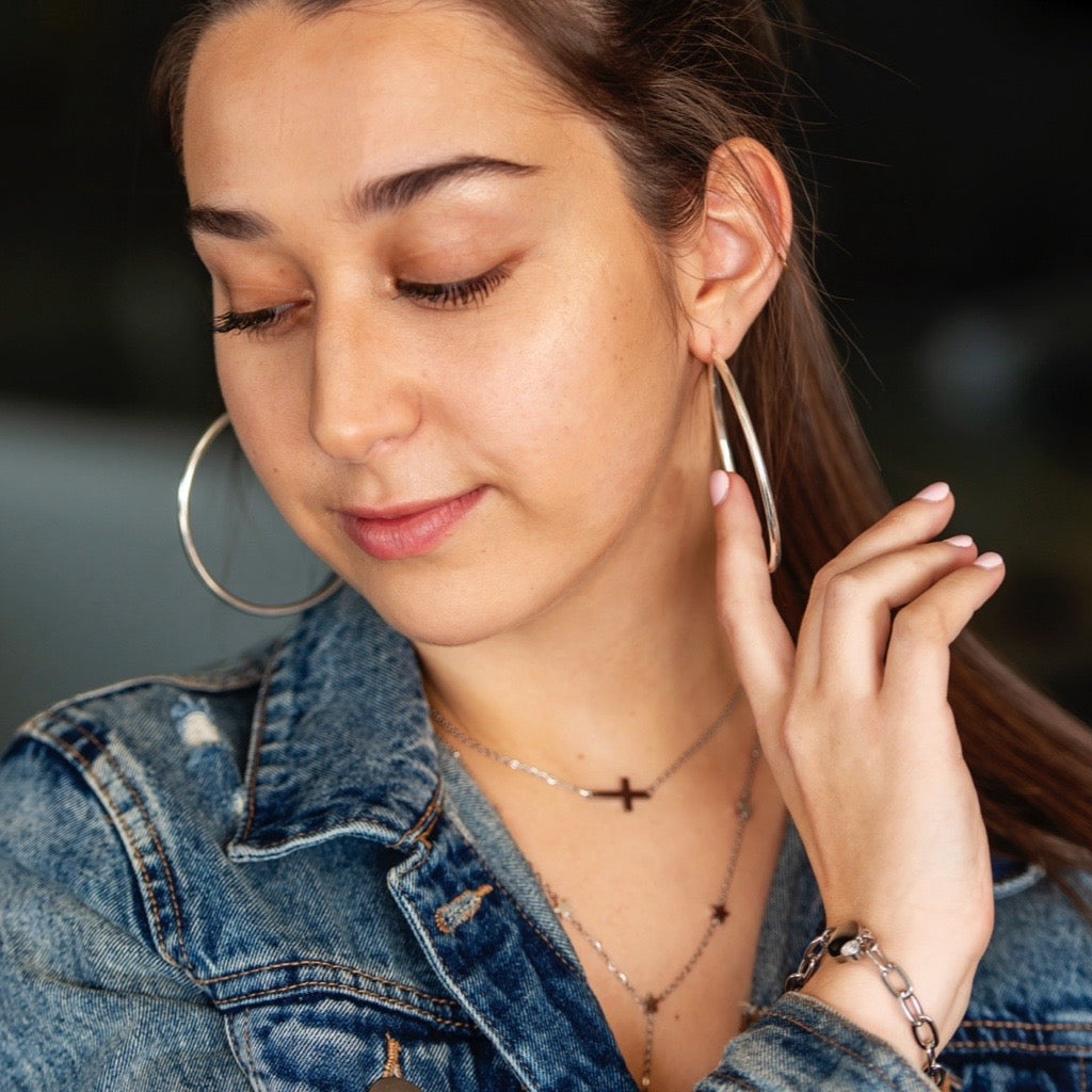 silver hoops on model