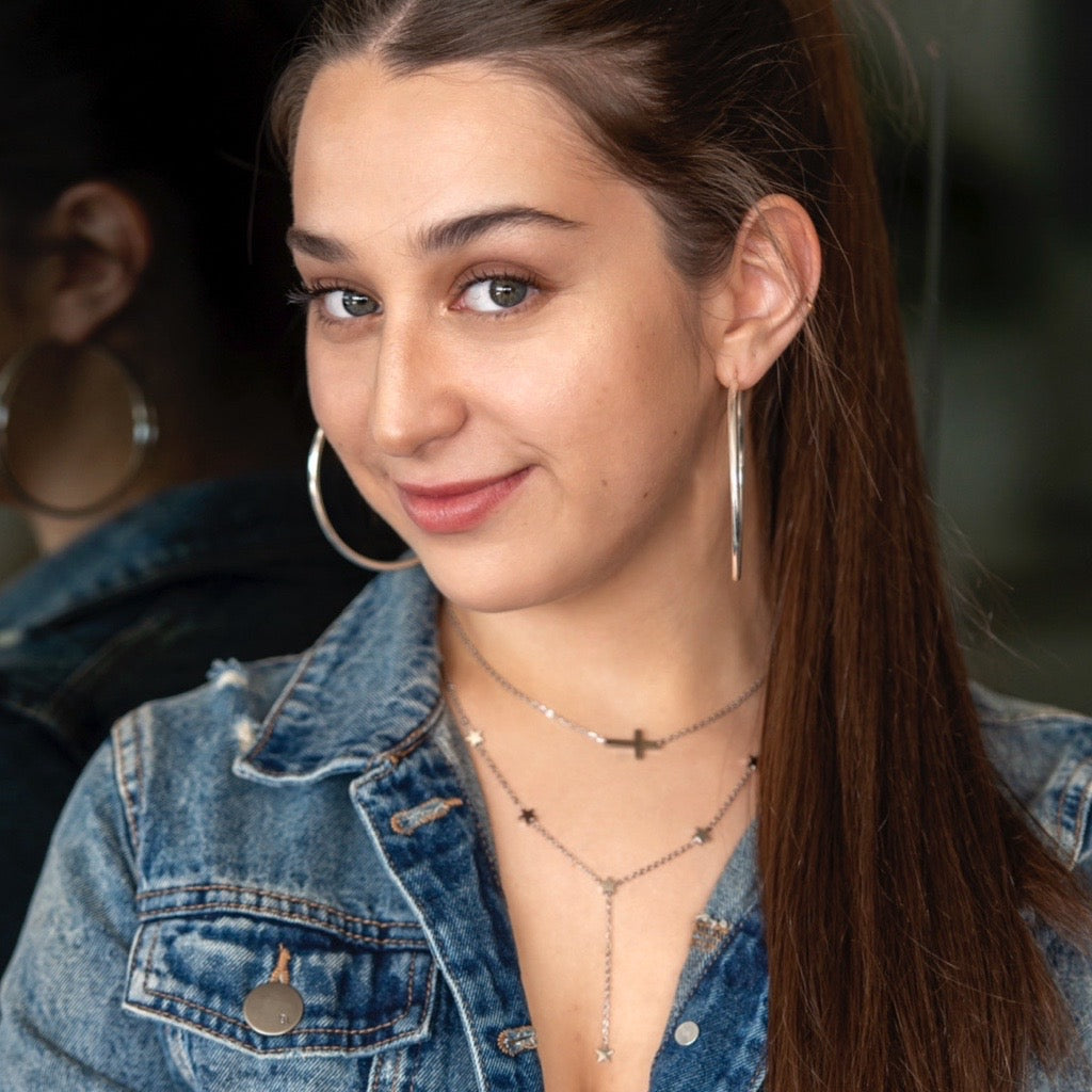silver hoops on model