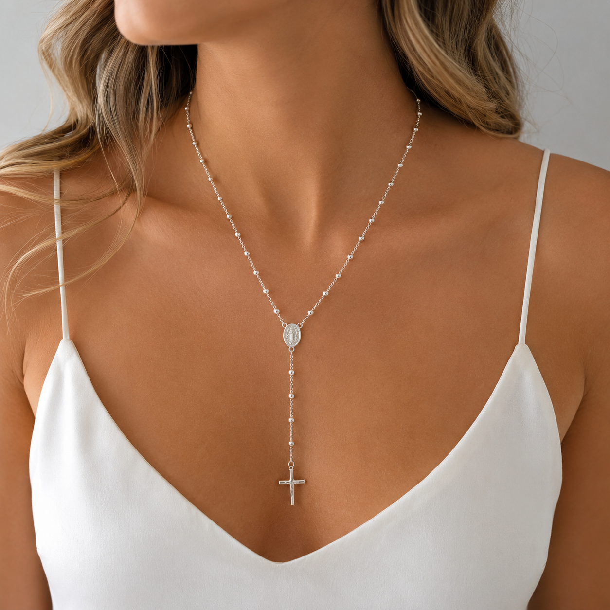 Silver Beaded Rosary Necklace