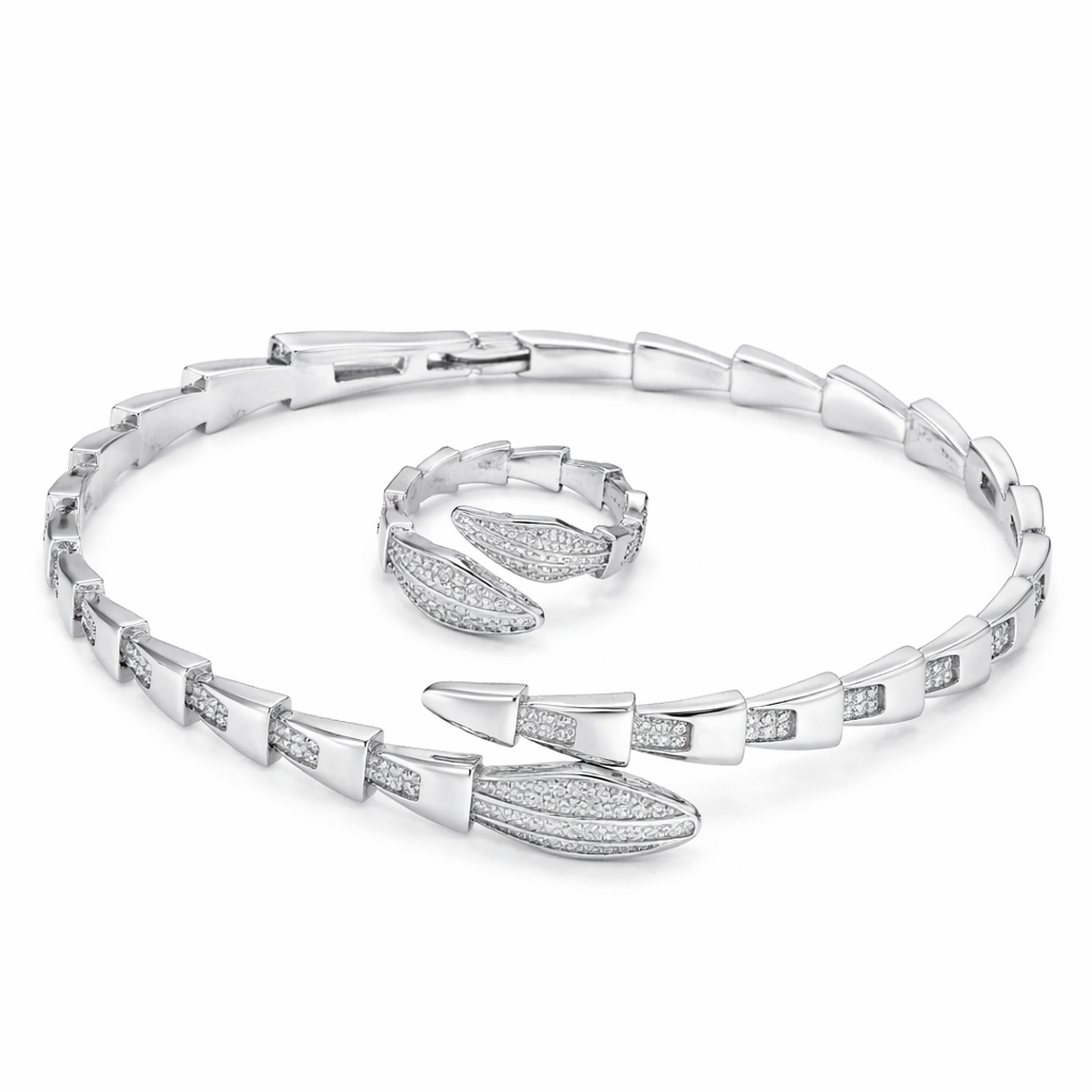 Statement Snake Bracelet and Ring Set - Silver