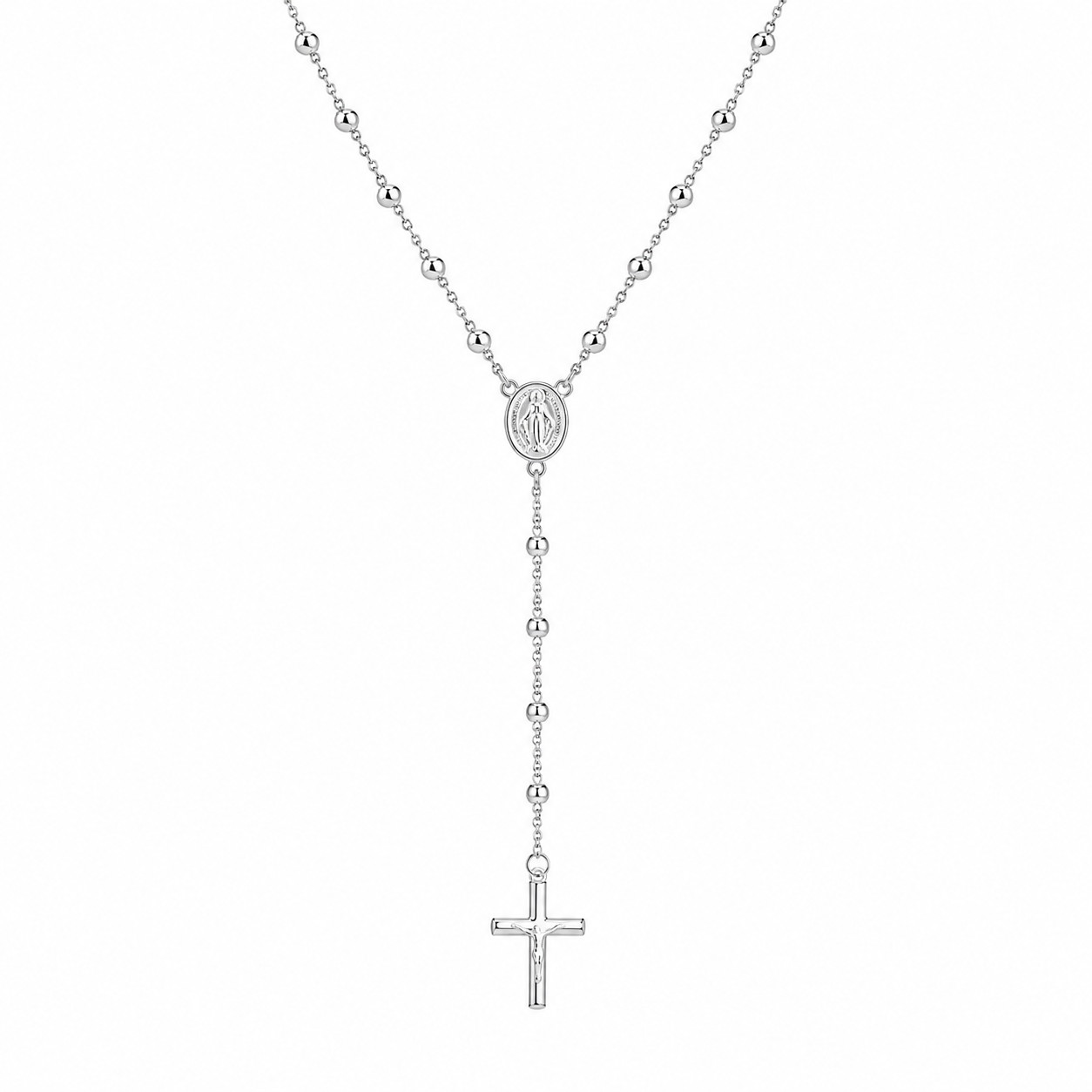 Silver Beaded Rosary Necklace