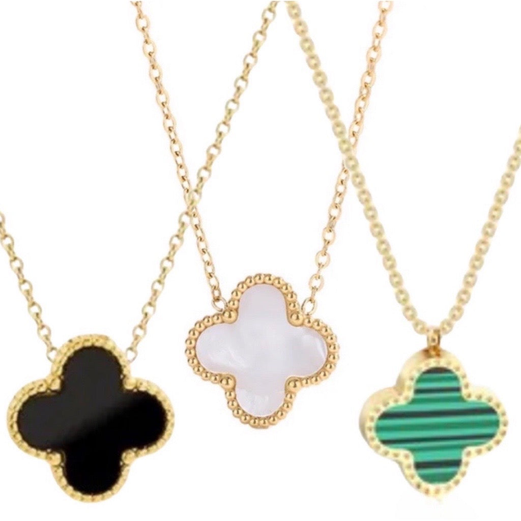 single white and gold, black and gold or green and gold clover necklaces