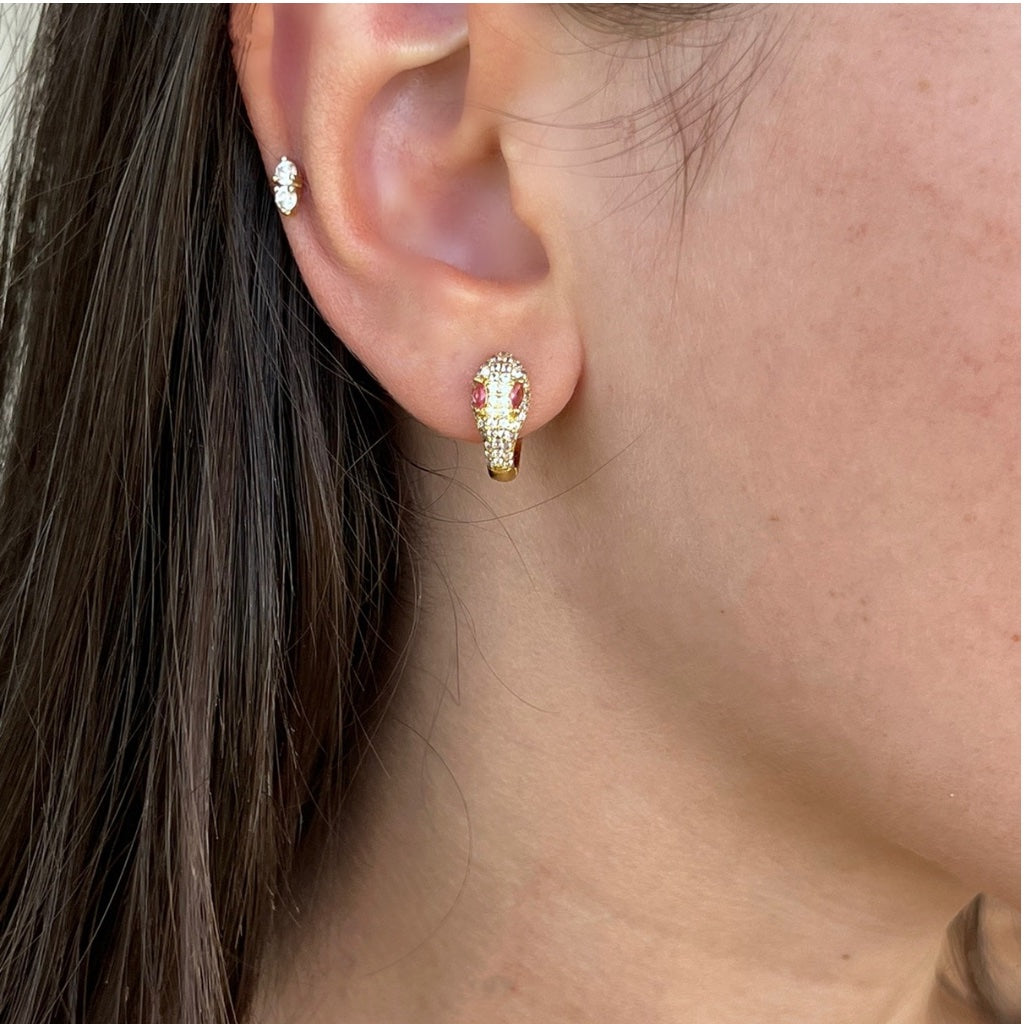 Snake Huggie Earrings with Pink Cubic Zirconia Eyes (10mm diameter)