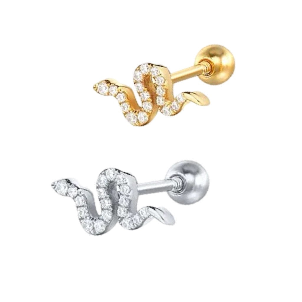 snake screwback earrings in gold and silver