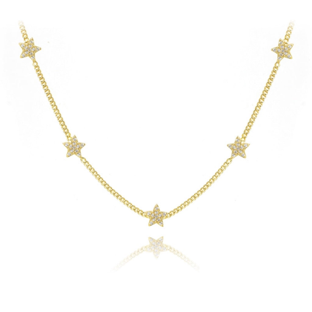 gold choker neckace with stars charms intergrated into the necklace covered in cubic zirconias