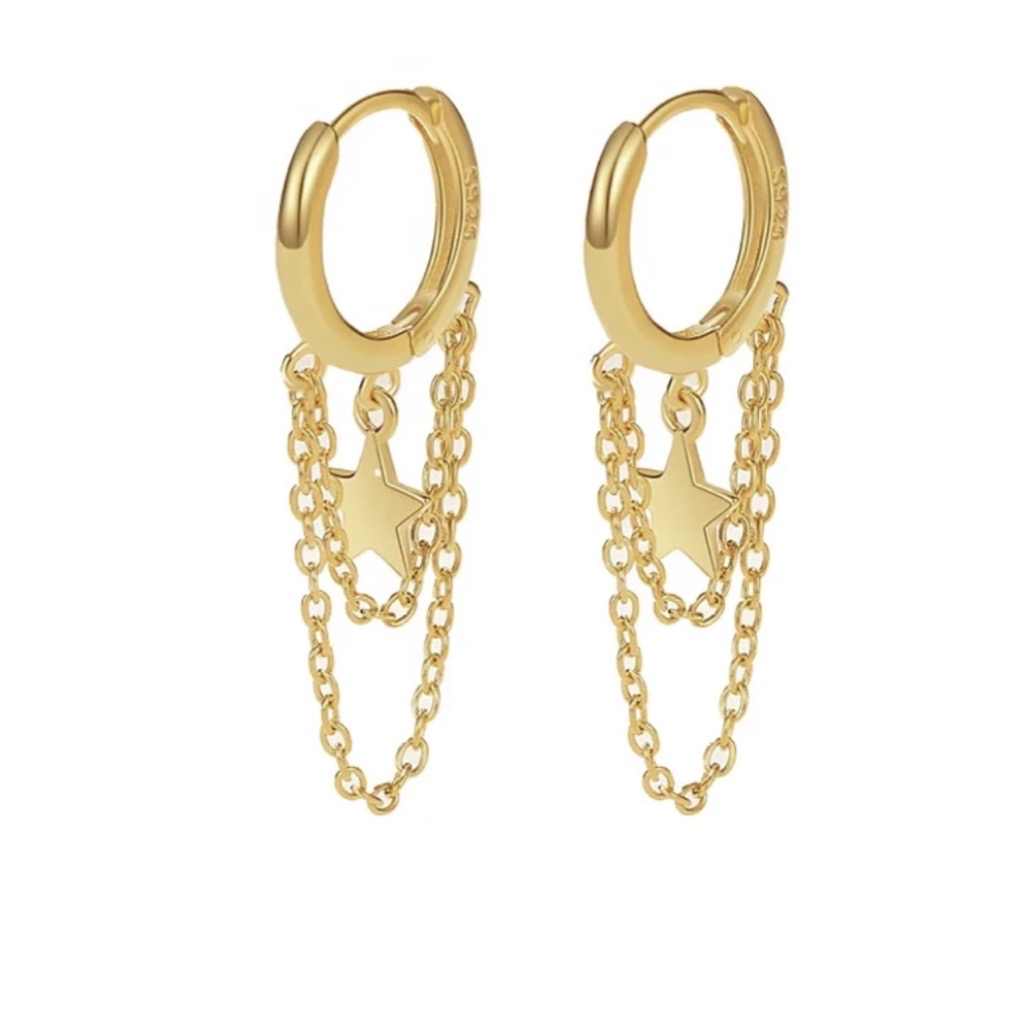 huggie earrings with drop chains and stars