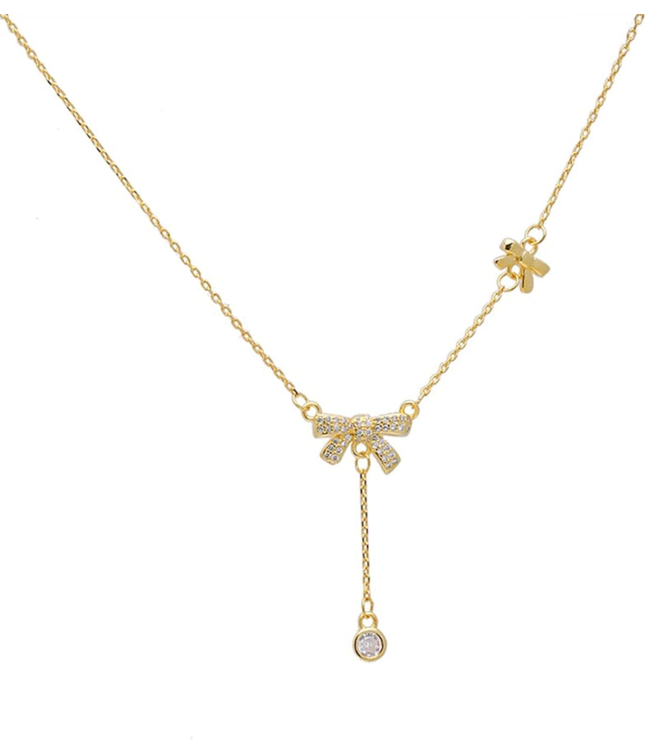the bow necklace in gold plated with lariat cubic zirconia hanging charm