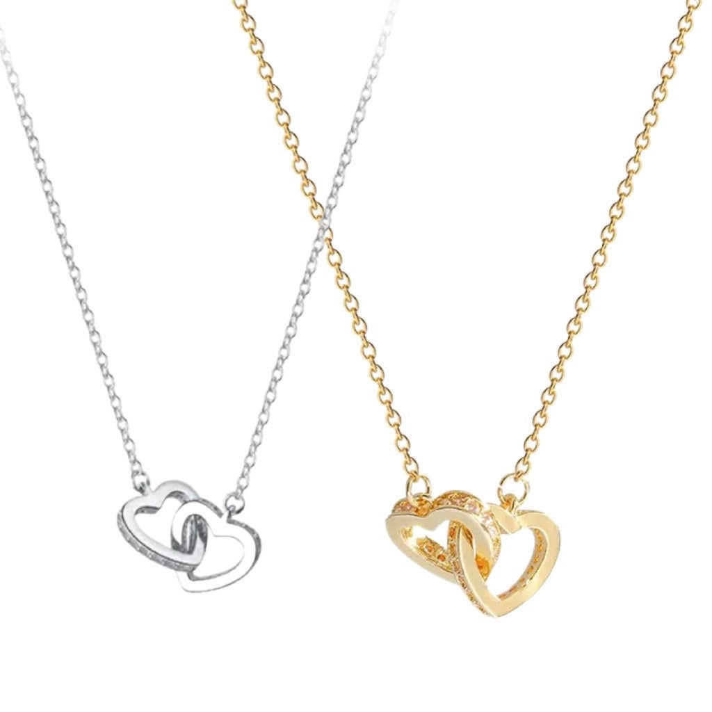 twin hearts necklace in gold and silver plated