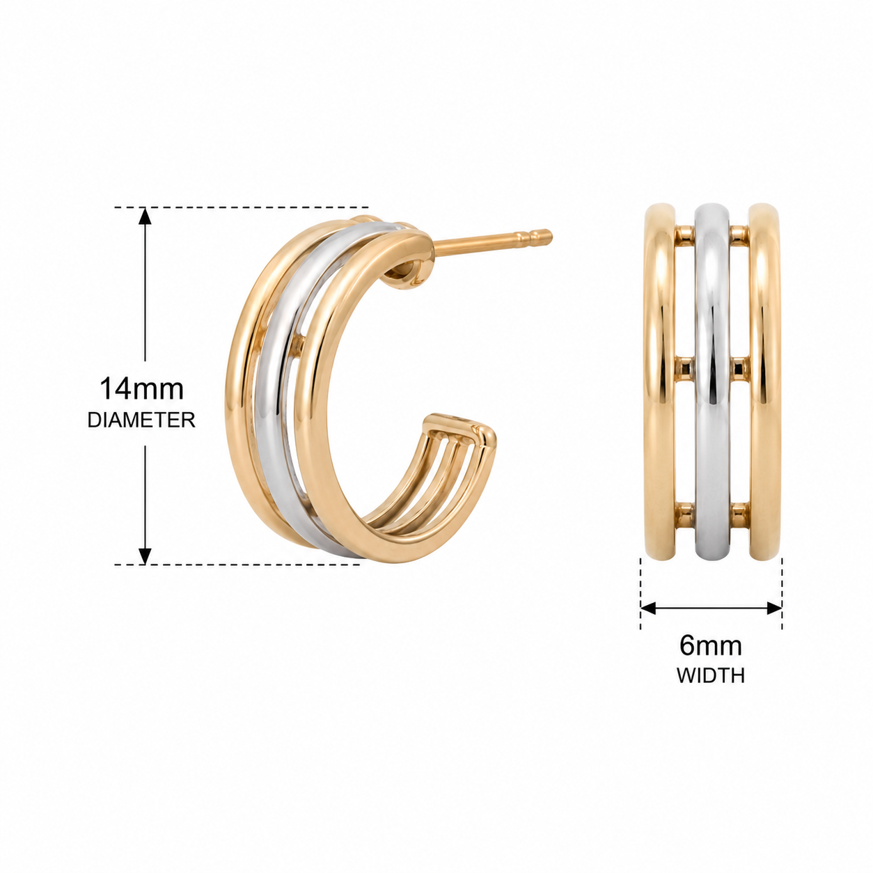 9ct Yellow & White Gold Triple Strand Hoop Earrings