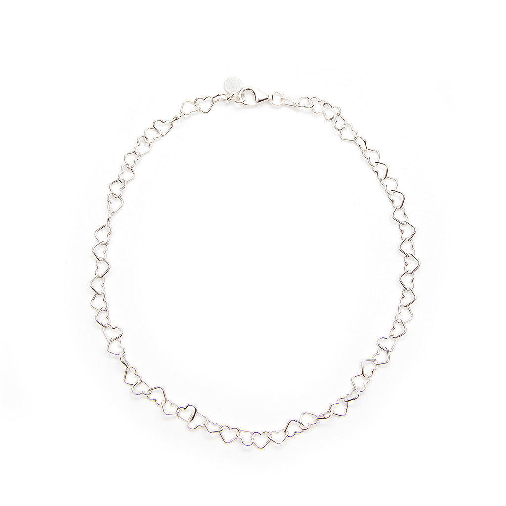 intricate silver hearts linked together ankle chain